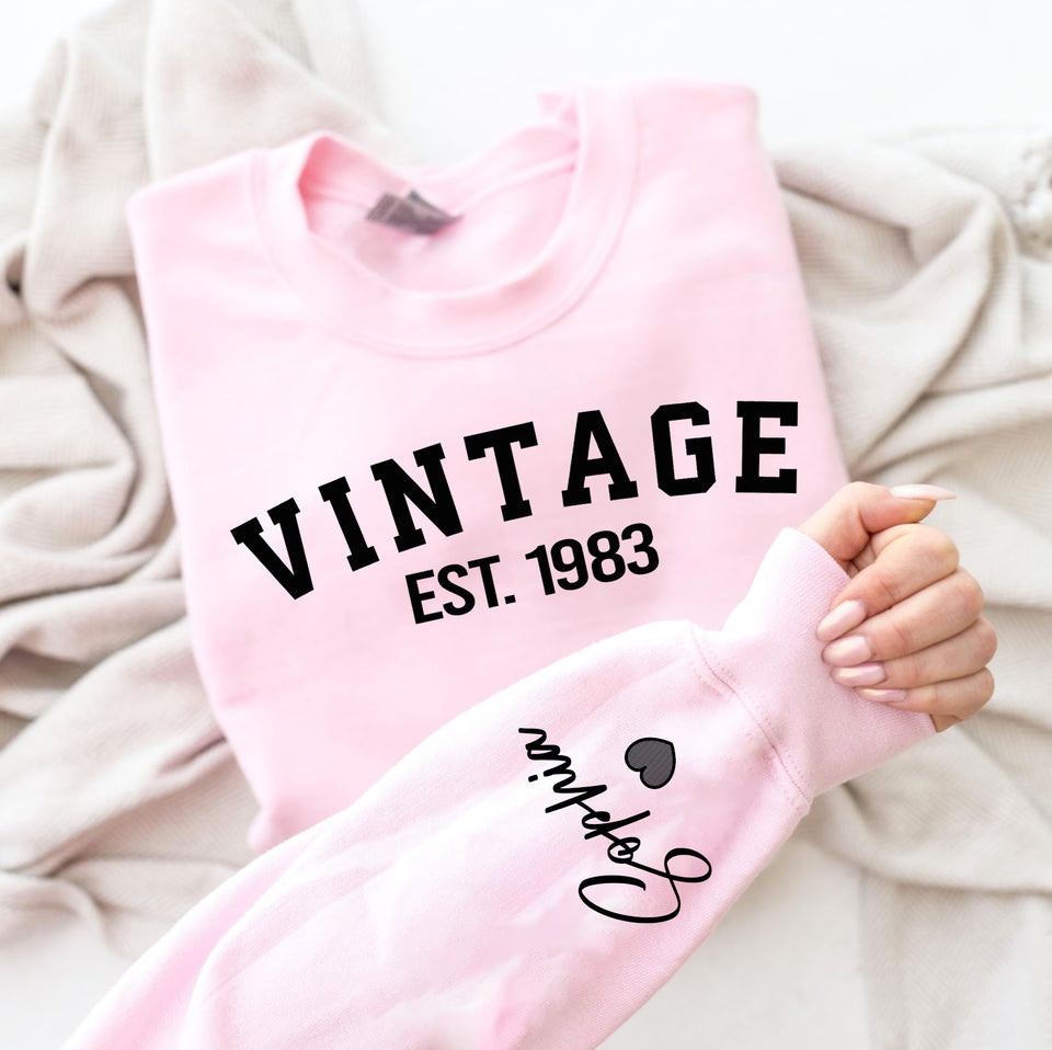 Custom Year 40th Birthday Gifts Sweatshirt with Name on Sleeve, Vintage 1983 Birthday Sweatshirt for Women
