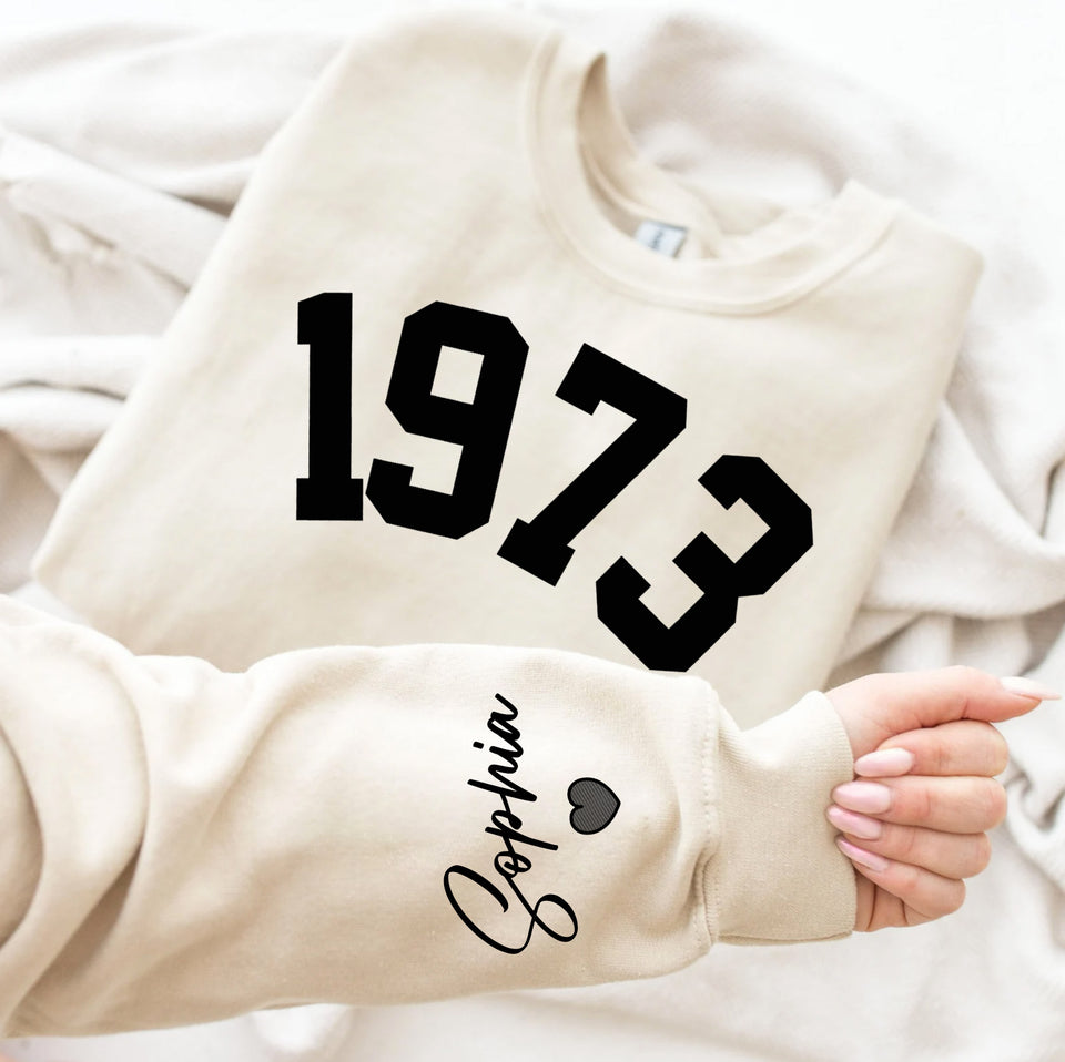 Custom Year 50th Birthday Gifts Sweatshirt with Name on Sleeve, 1973 Birthday Year Number Sweatshirt for Women