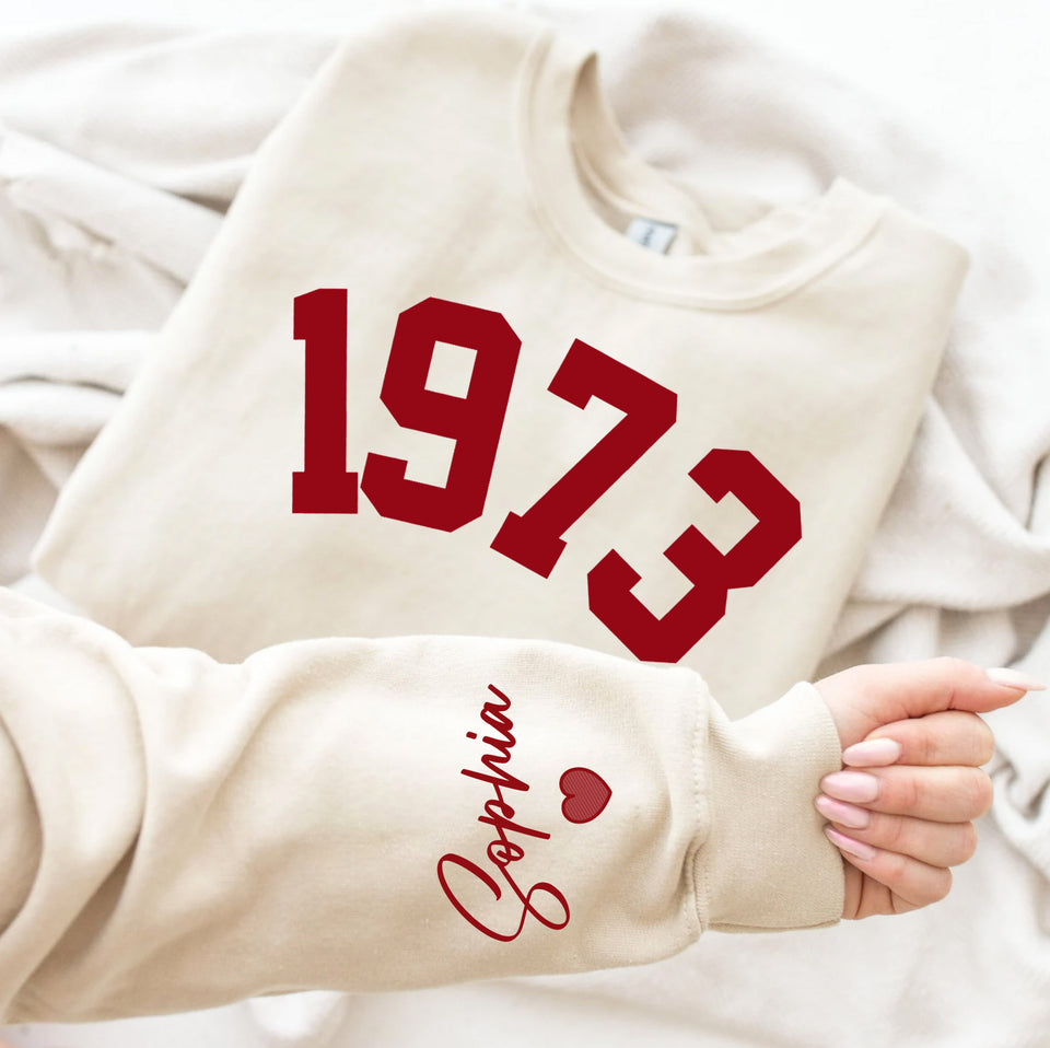 Custom Year 50th Birthday Gifts Sweatshirt with Name on Sleeve, 1973 Birthday Year Number Sweatshirt for Women