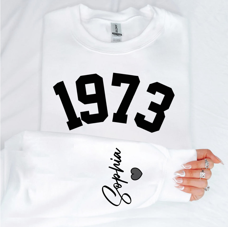 Custom Year 50th Birthday Gifts Sweatshirt with Name on Sleeve, 1973 Birthday Year Number Sweatshirt for Women