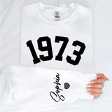 Custom Year 50th Birthday Gifts Sweatshirt with Name on Sleeve, 1973 Birthday Year Number Sweatshirt for Women