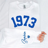 Custom Year 50th Birthday Gifts Sweatshirt with Name on Sleeve, 1973 Birthday Year Number Sweatshirt for Women