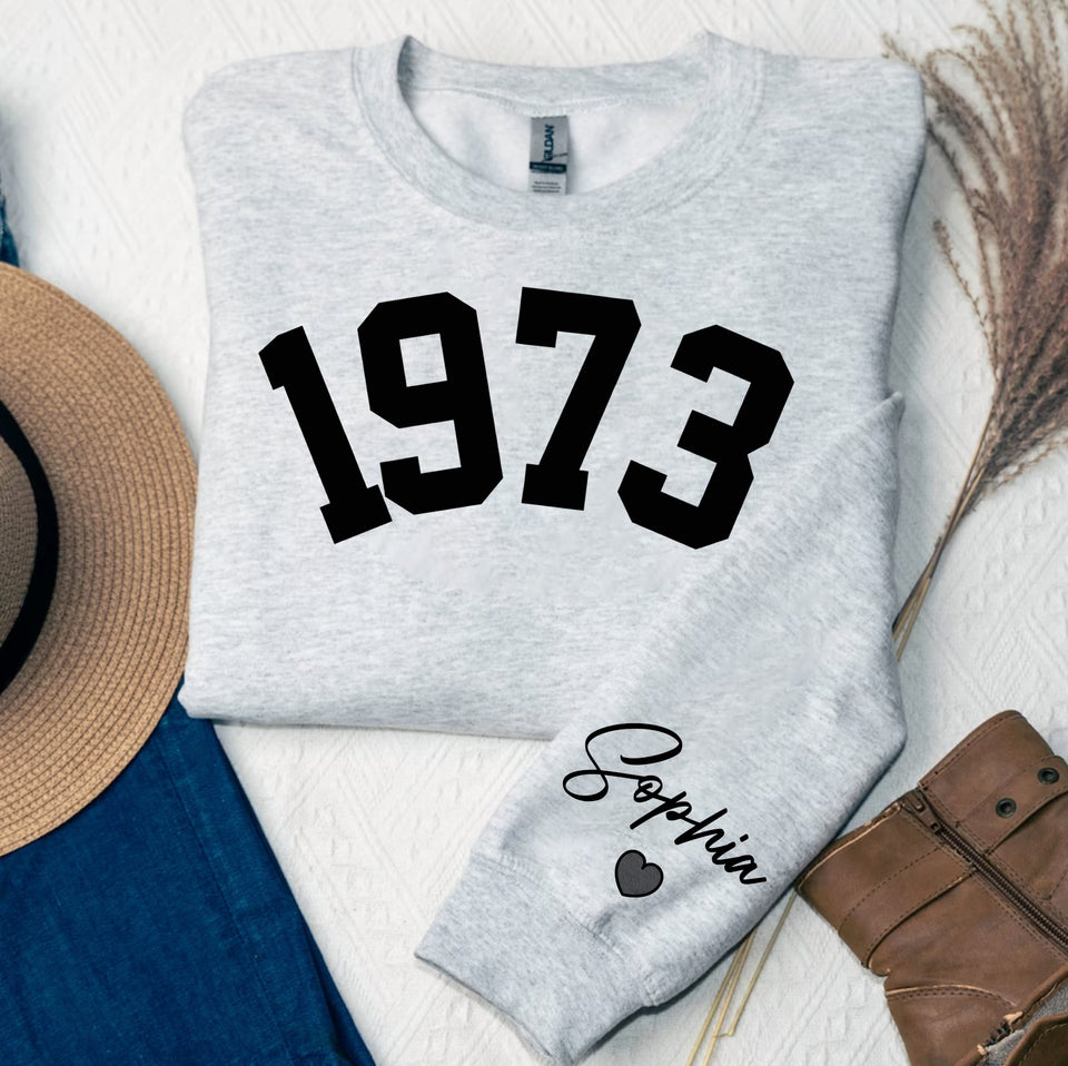 Custom Year 50th Birthday Gifts Sweatshirt with Name on Sleeve, 1973 Birthday Year Number Sweatshirt for Women