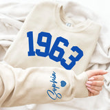 Custom Year 60th Birthday Gifts Sweatshirt with Name on Sleeve, 1963 Birthday Year Number Sweatshirt for Women