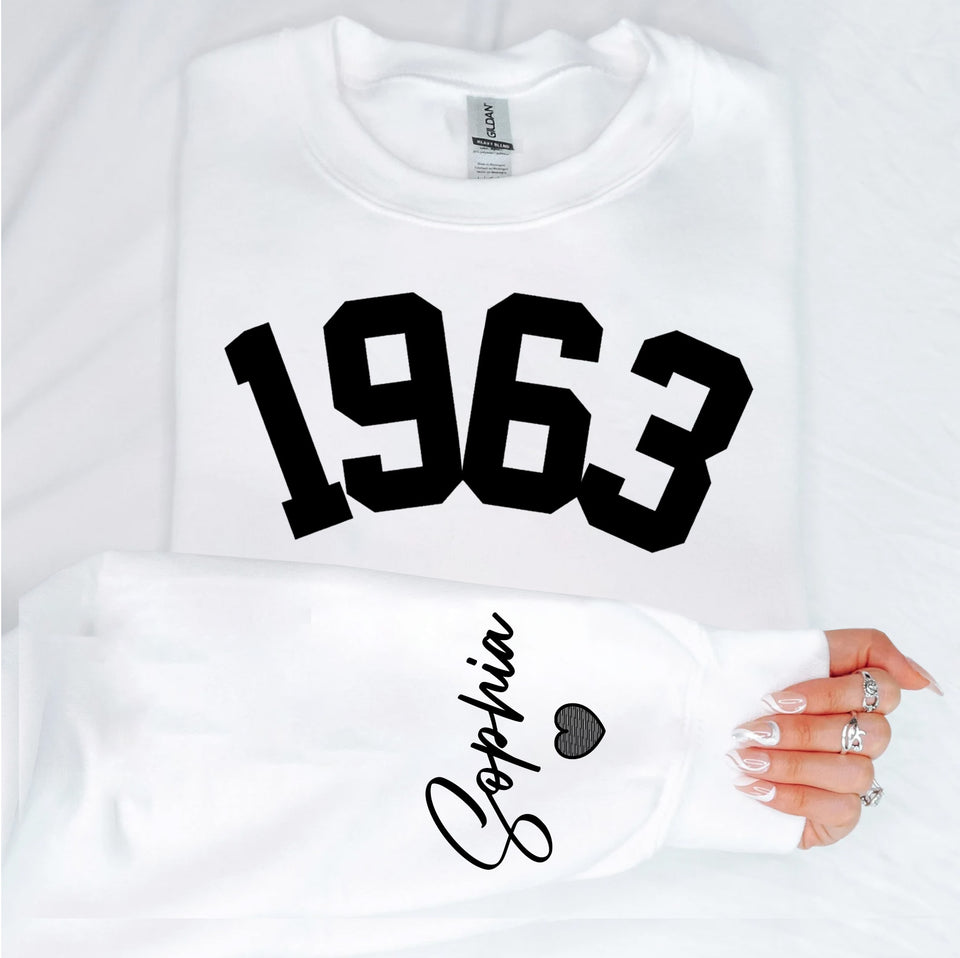 Custom Year 60th Birthday Gifts Sweatshirt with Name on Sleeve, 1963 Birthday Year Number Sweatshirt for Women