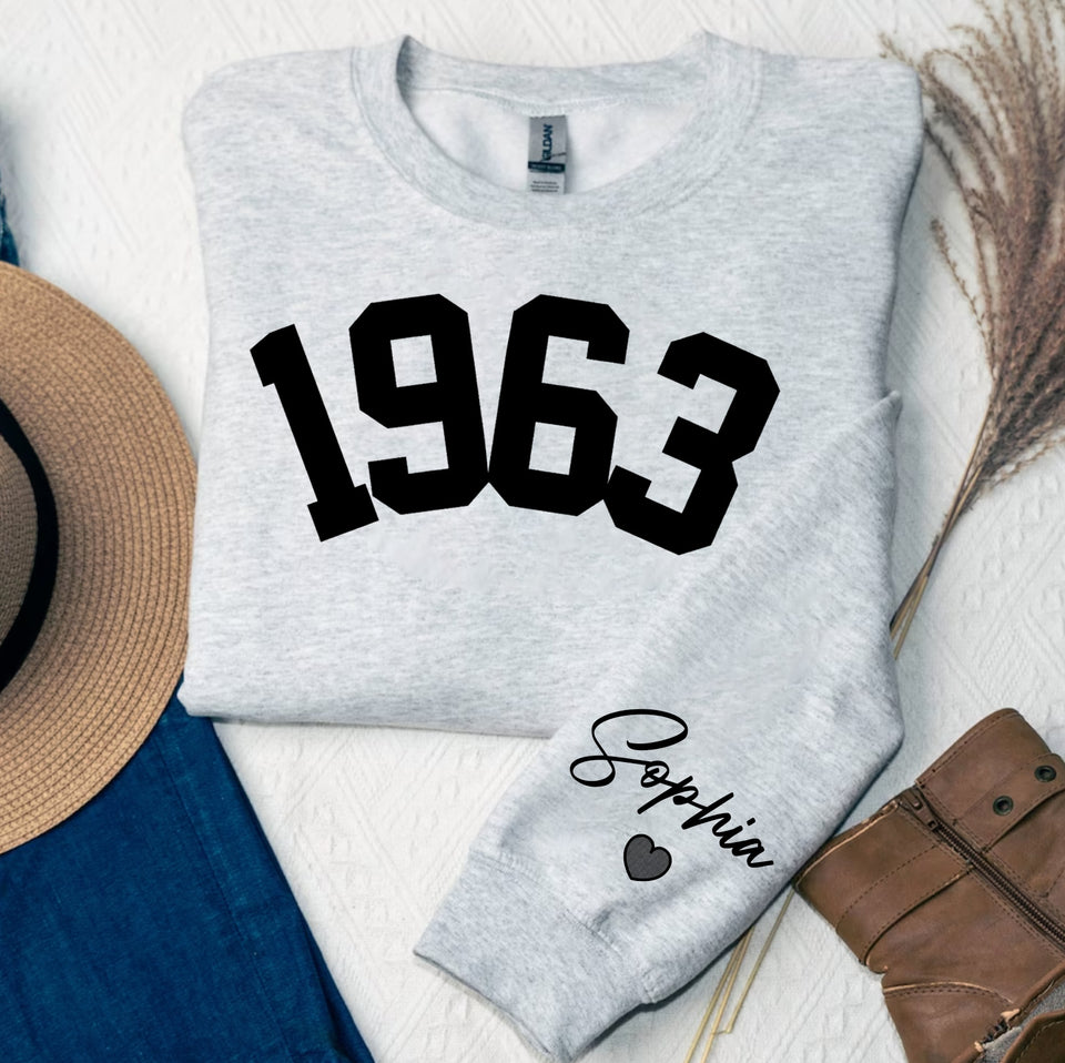 Custom Year 60th Birthday Gifts Sweatshirt with Name on Sleeve, 1963 Birthday Year Number Sweatshirt for Women