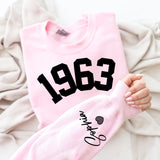 Custom Year 60th Birthday Gifts Sweatshirt with Name on Sleeve, 1963 Birthday Year Number Sweatshirt for Women