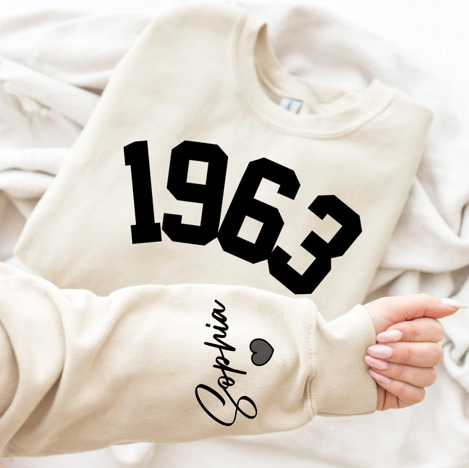 Custom Year 60th Birthday Gifts Sweatshirt with Name on Sleeve, 1963 Birthday Year Number Sweatshirt for Women