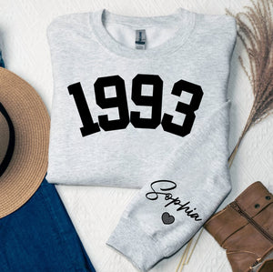 Custom Year 30th Birthday Gifts Sweatshirt with Name on Sleeve, 1993 Birthday Year Number Sweatshirt for Women