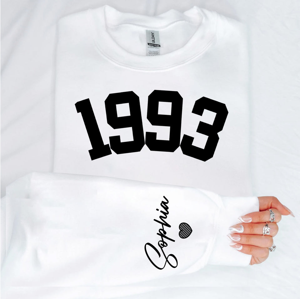 Custom Year 30th Birthday Gifts Sweatshirt with Name on Sleeve, 1993 Birthday Year Number Sweatshirt for Women