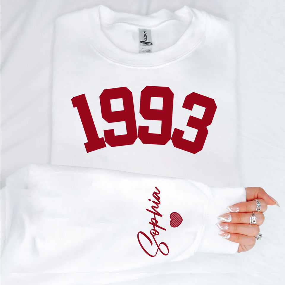 Custom Year 30th Birthday Gifts Sweatshirt with Name on Sleeve, 1993 Birthday Year Number Sweatshirt for Women