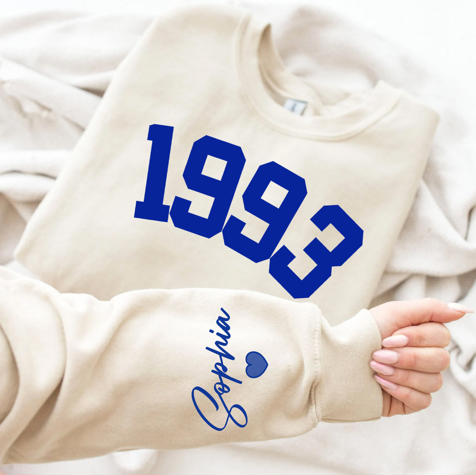 Custom Year 30th Birthday Gifts Sweatshirt with Name on Sleeve, 1993 Birthday Year Number Sweatshirt for Women