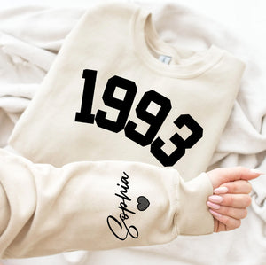 Custom Year 30th Birthday Gifts Sweatshirt with Name on Sleeve, 1993 Birthday Year Number Sweatshirt for Women