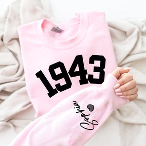 Custom Year 80th Birthday Gifts Sweatshirt with Name on Sleeve, 1943 Birthday Year Number Sweatshirt for Women