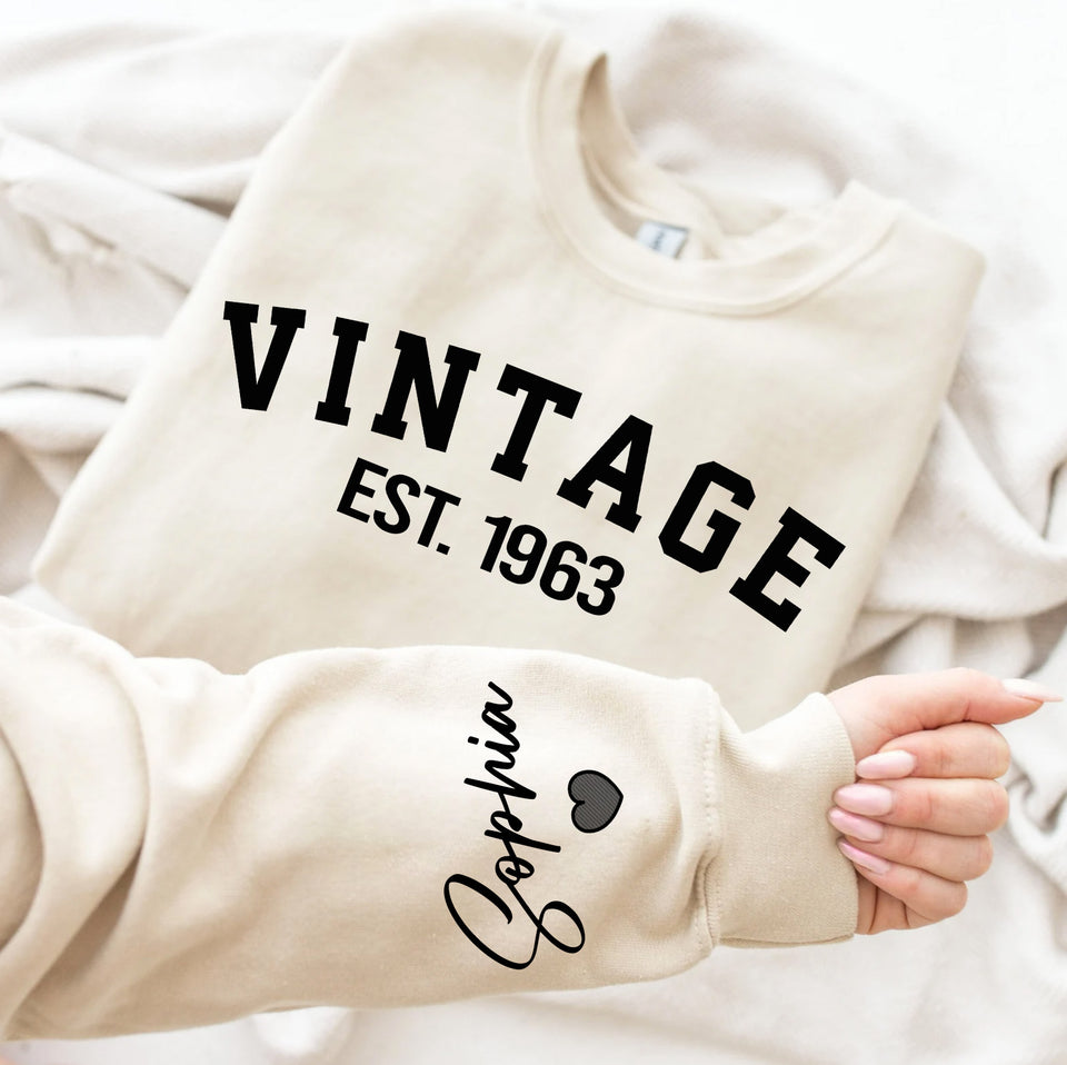 Custom Year Vintage 1963 60th Birthday Gifts Sweatshirt with Name on Sleeve, Vintage 1963 Birthday Year Sweatshirt for Women
