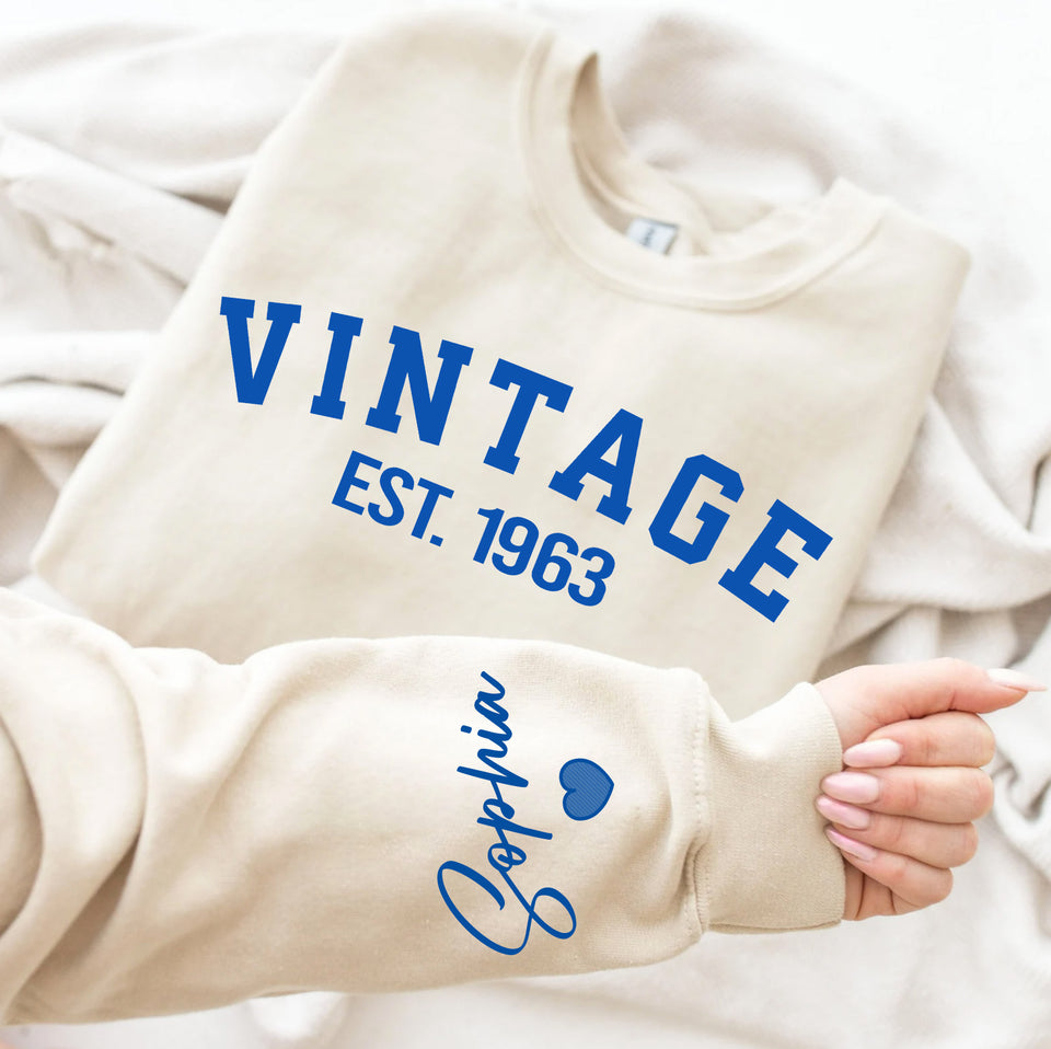 Custom Year Vintage 1963 60th Birthday Gifts Sweatshirt with Name on Sleeve, Vintage 1963 Birthday Year Sweatshirt for Women