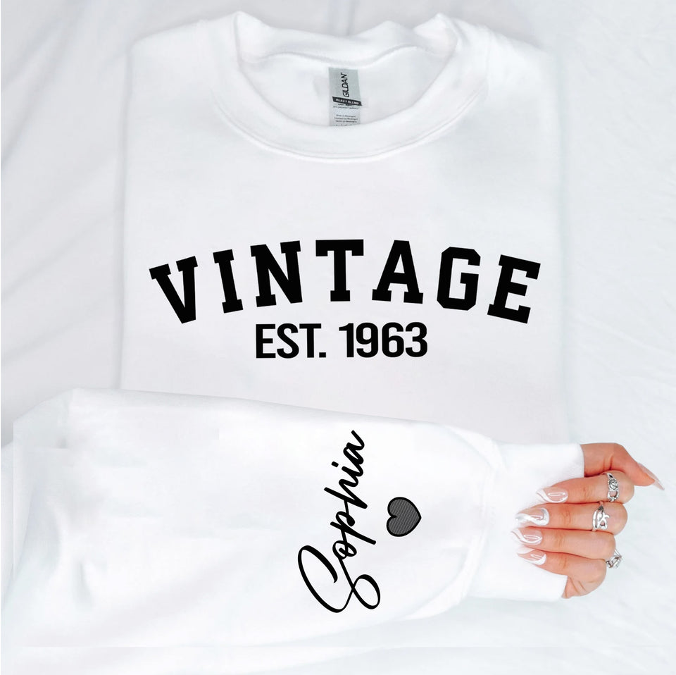 Custom Year Vintage 1963 60th Birthday Gifts Sweatshirt with Name on Sleeve, Vintage 1963 Birthday Year Sweatshirt for Women