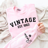 Custom Year Vintage 1963 60th Birthday Gifts Sweatshirt with Name on Sleeve, Vintage 1963 Birthday Year Sweatshirt for Women