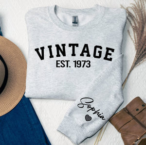 Custom Year Vintage 1973 50th Birthday Gifts Sweatshirt with Name on Sleeve, Vintage 1973 Birthday Year Sweatshirt for Women