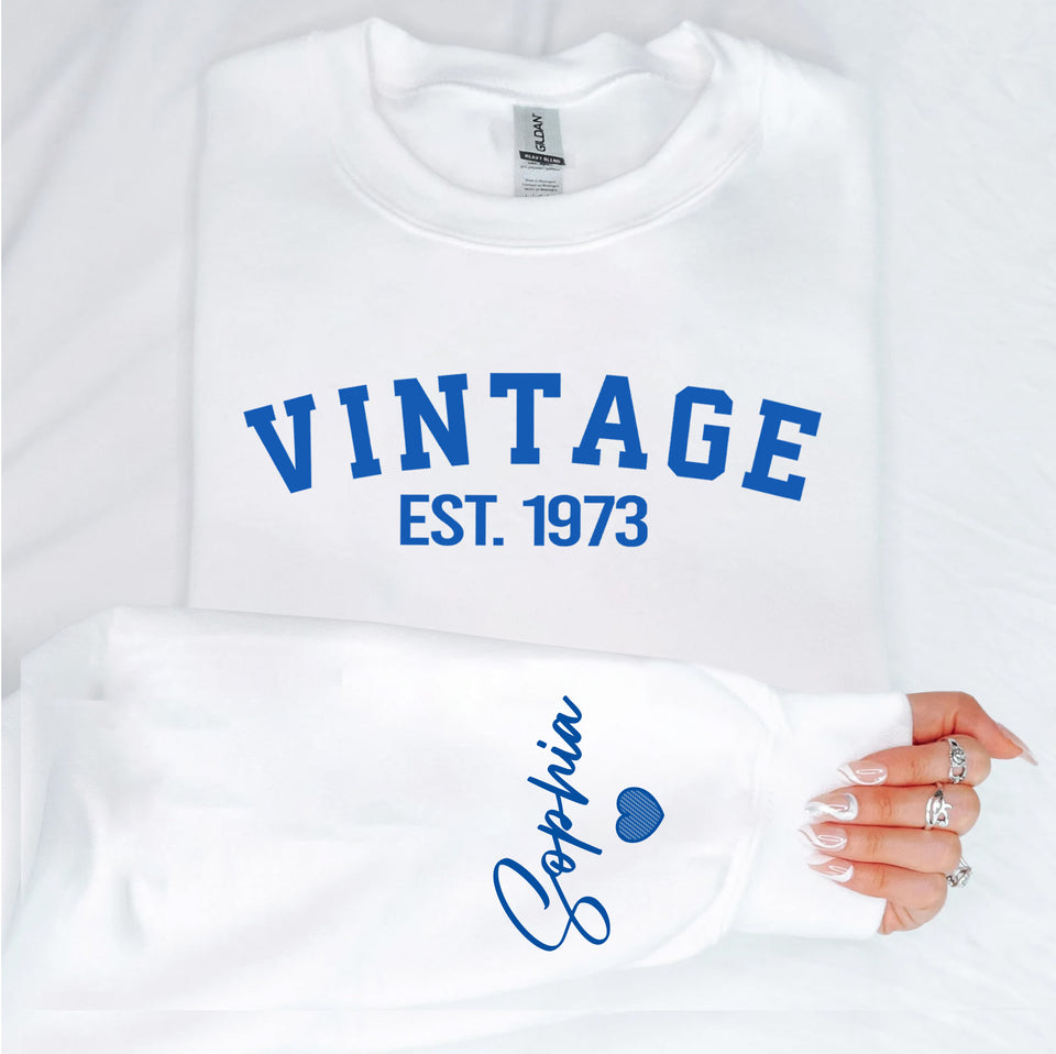 Custom Year Vintage 1973 50th Birthday Gifts Sweatshirt with Name on Sleeve, Vintage 1973 Birthday Year Sweatshirt for Women