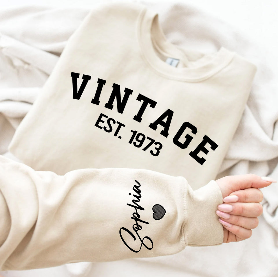 Custom Year Vintage 1973 50th Birthday Gifts Sweatshirt with Name on Sleeve, Vintage 1973 Birthday Year Sweatshirt for Women