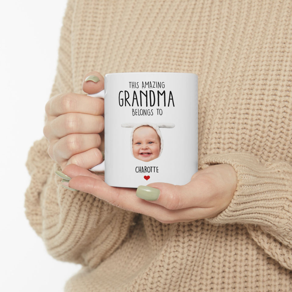 Custom Grandma Gift, Custom Baby Face Mug, This Amazing Grandma Belongs To Mug