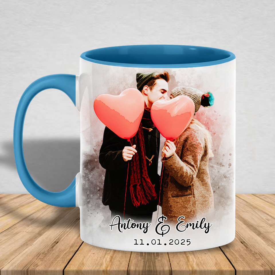 Custom Valentine Photo Accent Mug – Couple Portrait Photo Accent Mug – Perfect Valentine Gift for Couples