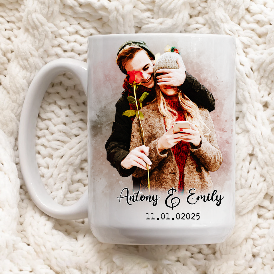 Custom Valentine Photo Coffee Mug – Couple Portrait Photo Mug – Perfect Valentine Gift for Couples