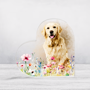 Custom Pet Portrait with Wildflowers – Personalized Watercolor Dog or Cat Memorial on Heart-Shaped Acrylic Plaque from Photo