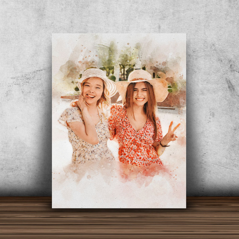 Gift for Bestie Sister Portrait Watercolor Any Your Photo on Canvas