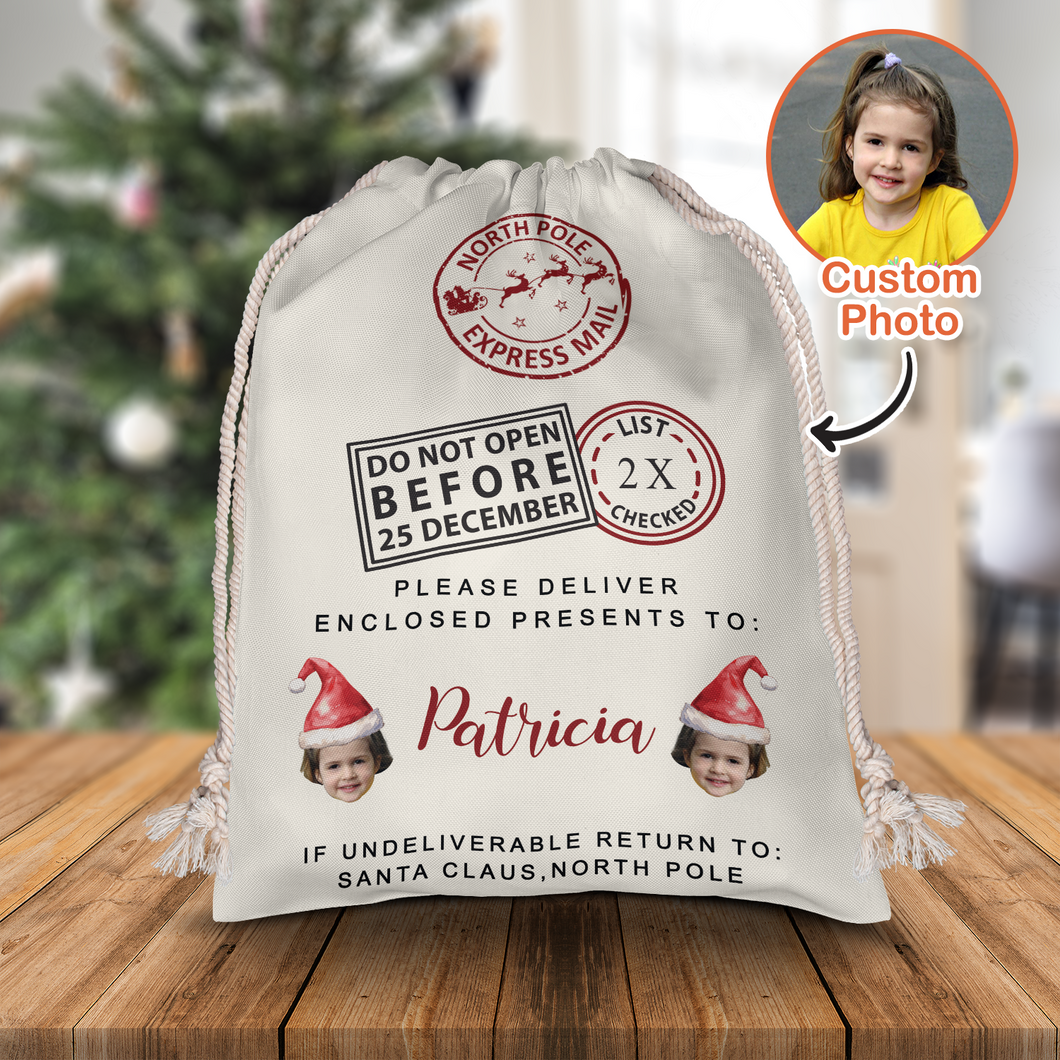 North Pole Express Santa Delivery Sack, Personalized Christmas Sack, Custom Face Christmas Gift