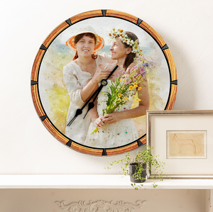 Mother's Day Birthday Gift for Mom Watercolor Any Your Photo on Wooden Clock