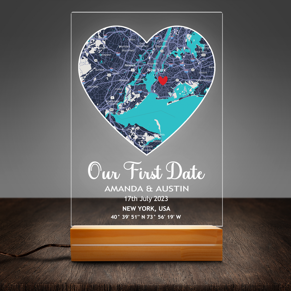 Our First Date Valentines Day Heart Map Plaque Couples Gift For Her Personalized Heart Acrylic Plaque With LED Night Light