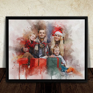 Personalized Christmas Family Photo Watercolor Portrait Landscape , Christmas Gift Canvas Wall Art Decor