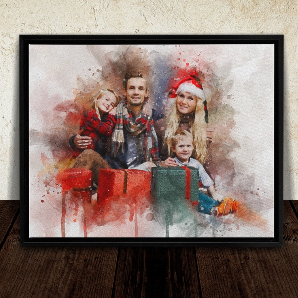 Personalized Christmas Photo Watercolor Portrait, Christmas Gift Canvas Wall Art