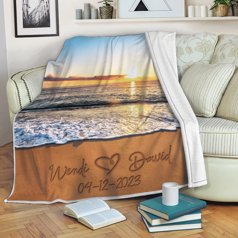 Personalized Couple Name & Date Sunset Beach Blanket, Couple Gift for Him & Her