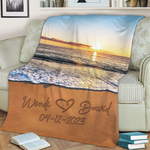 Personalized Couple Name & Date Sunset Beach Blanket, Couple Gift for Him & Her