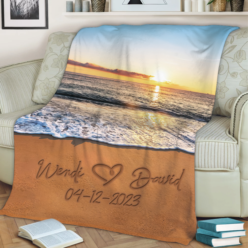 Personalized Couple Name & Date Sunset Beach Blanket, Couple Gift for Him & Her