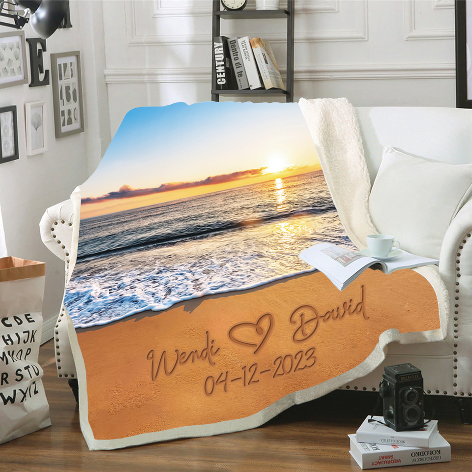 Personalized Couple Name & Date Sunset Beach Blanket, Couple Gift for Him & Her