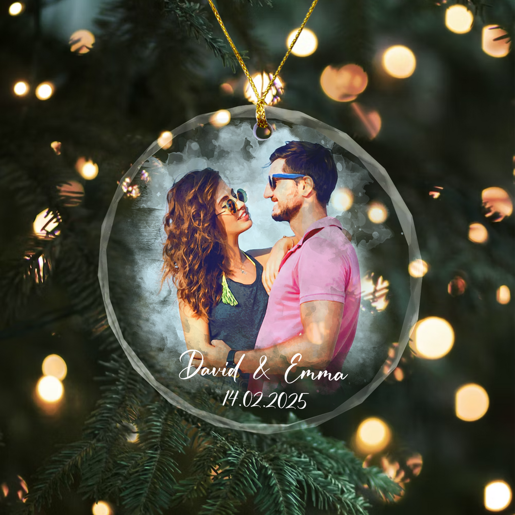 Personalized Couple Watercolor Portrait Photo Glass Ornament, Couples Keepsake Gifts