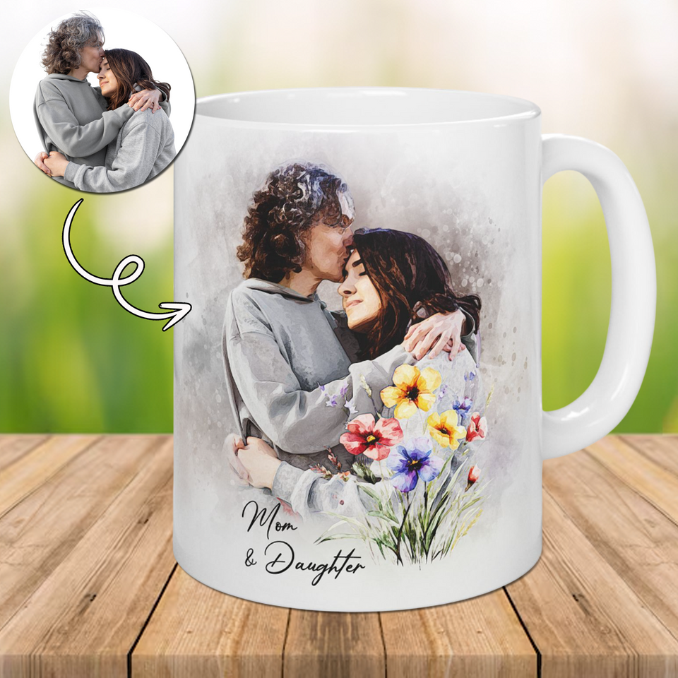 Personalized Mug with Watercolor Portrait from Photo – Unique Gift for Mother or Grandmother