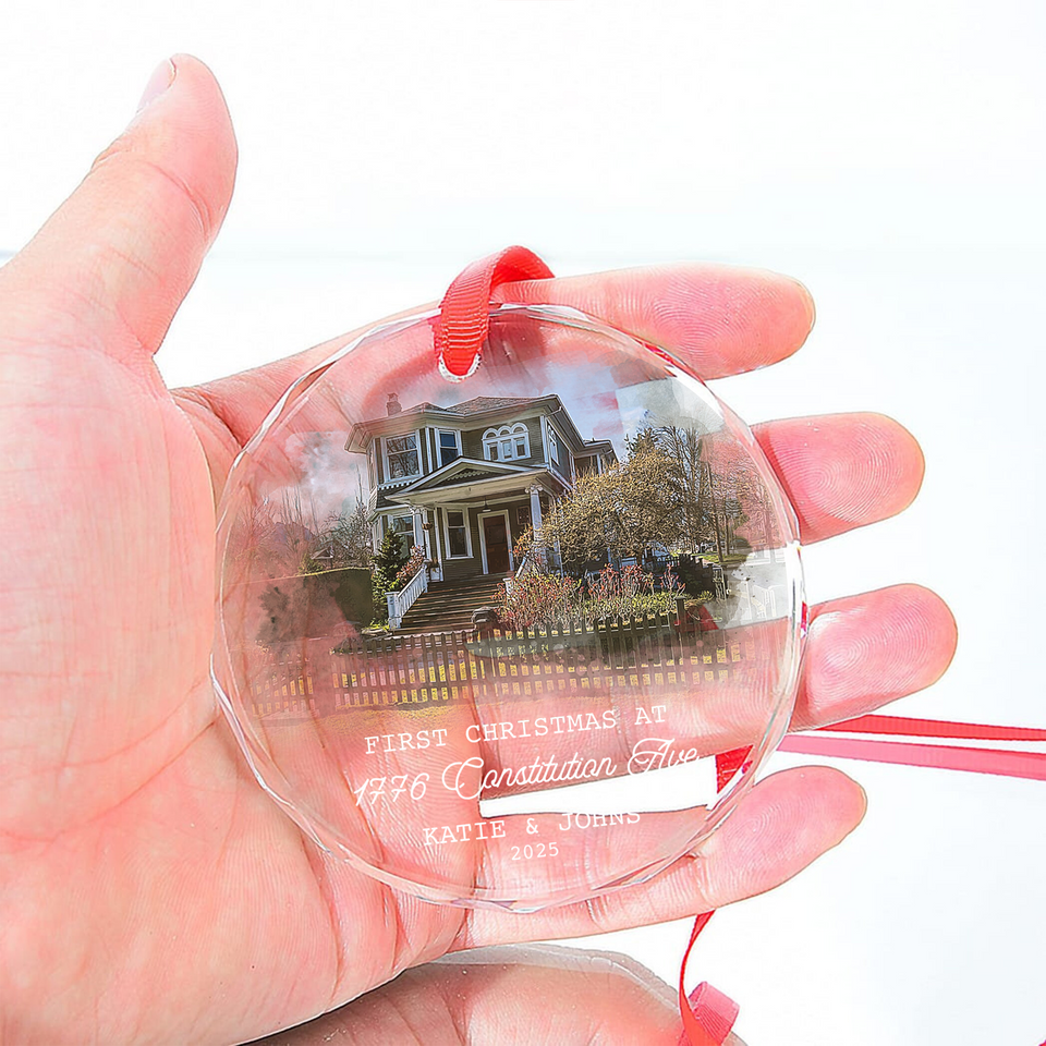 Personalized New Home Christmas Glass Ornament, Custom Watercolor Photo Glass Ornament