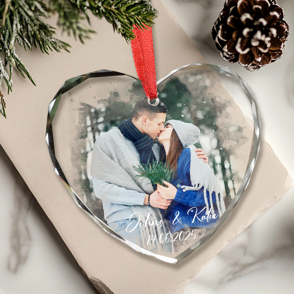 Personalized Couple Watercolor Portrait Photo Glass Ornament, Couples Keepsake Gifts