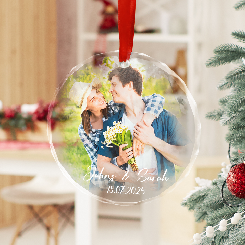 Personalized Couple Watercolor Portrait Photo Glass Ornament, Couples Keepsake Gifts