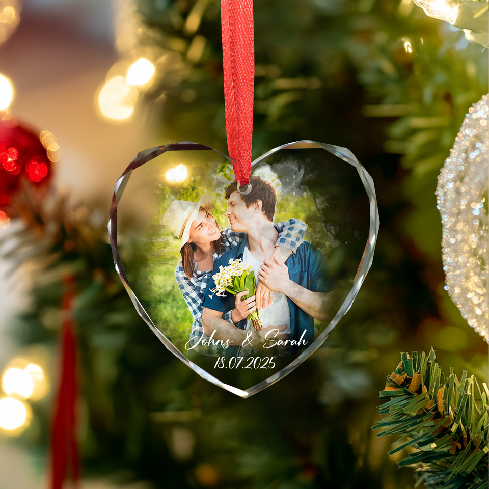 Personalized Couple Watercolor Portrait Photo Glass Ornament, Couples Keepsake Gifts
