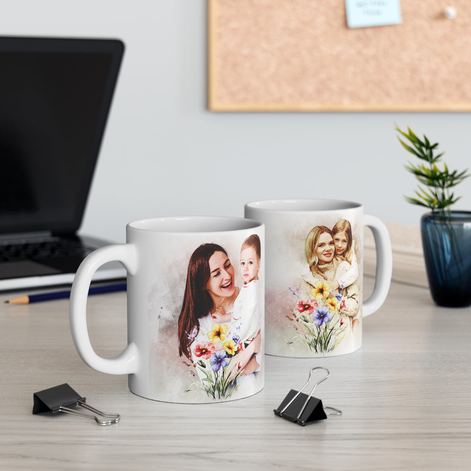 Personalized Mug with Watercolor Portrait from Photo – Unique Gift for Mother or Grandmother