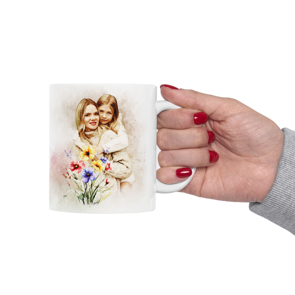 Personalized Mug with Watercolor Portrait from Photo – Unique Gift for Mother or Grandmother