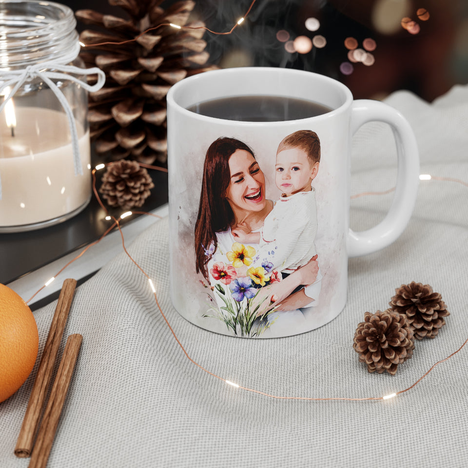 Personalized Mug with Watercolor Portrait from Photo – Unique Gift for Mother or Grandmother