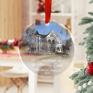 Personalized New Home Christmas Glass Ornament, Custom Watercolor Photo Glass Ornament