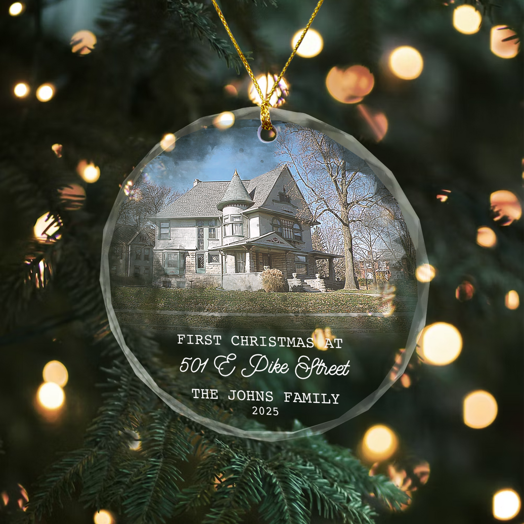 Personalized New Home Christmas Glass Ornament, Custom Watercolor Photo Glass Ornament